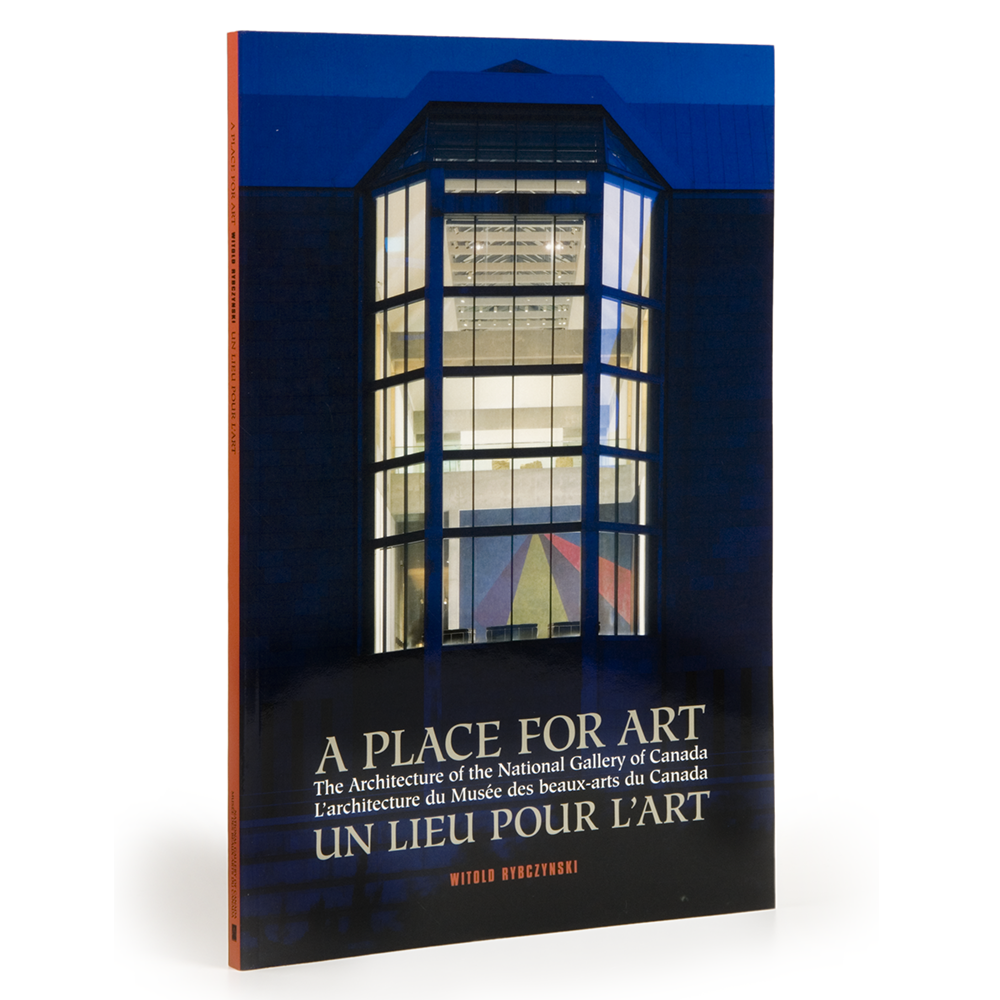 The book cover with a photo of the National Gallery of Canada's illuminated bay window at night with the English and French book title and the author written below it.
La couverture du livre avec une photo de la baie vitrée illuminée du Musée des beaux-arts du Canada à nuit avec le titre du livre en anglais et en français et l’auteur écrit en dessous.