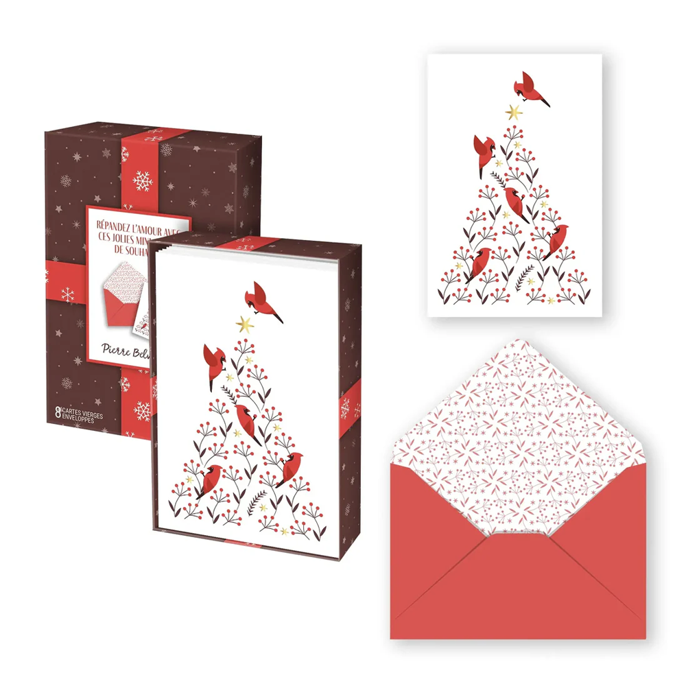 Boîte de cartes doubles petit format pour les fêtes Cardinaux en sapin