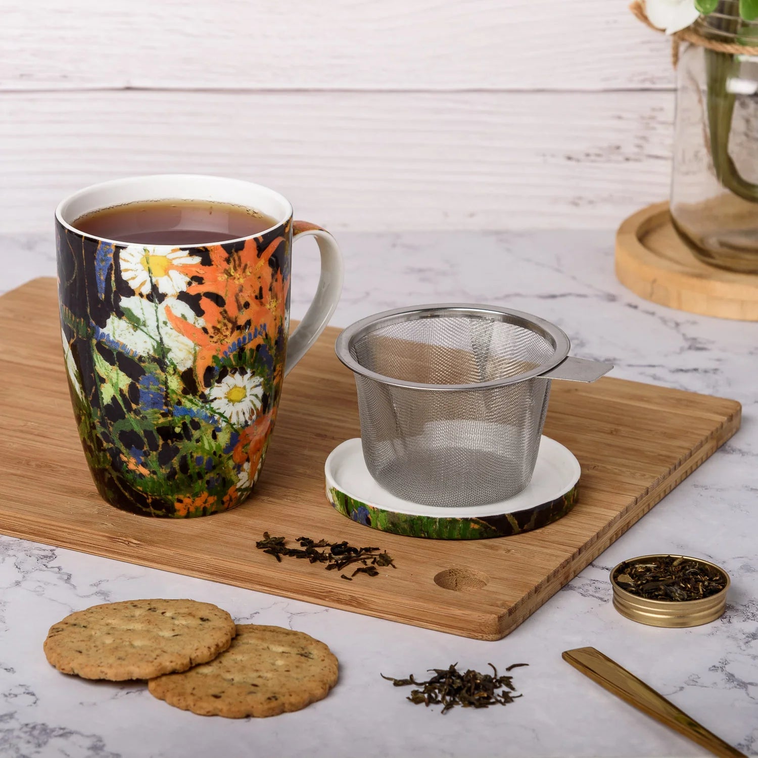 Marguerites, Wood Lilies, and Vetch Teacup with Infuser