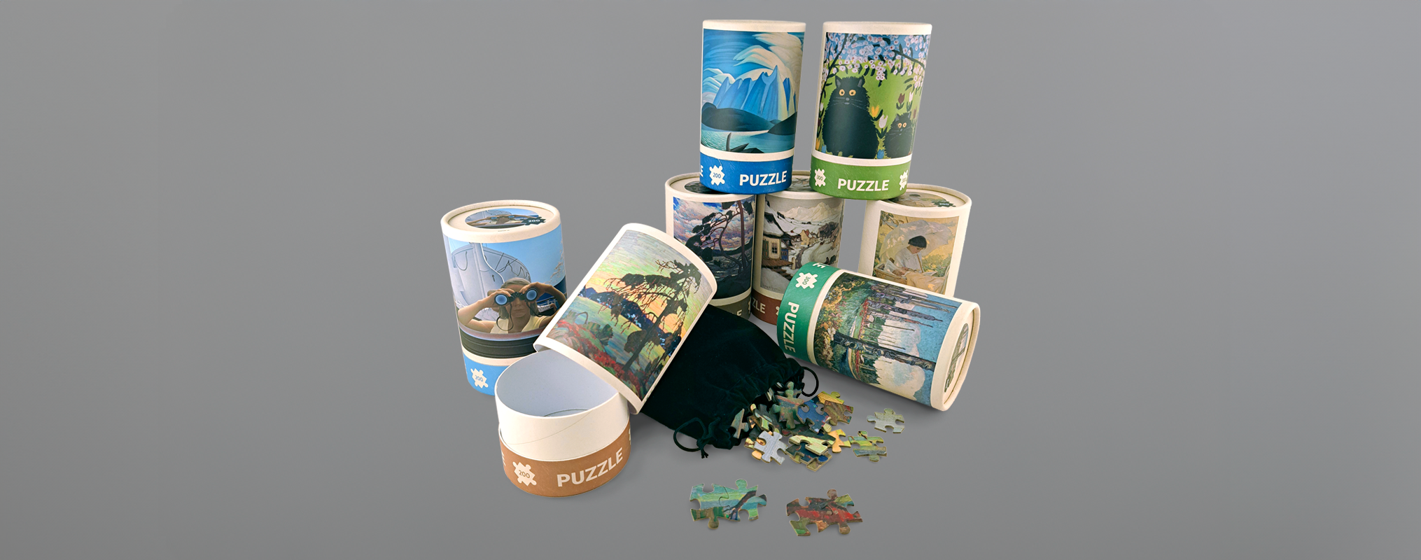 Recueil de puzzles présentant divers motifs sur fond gris.